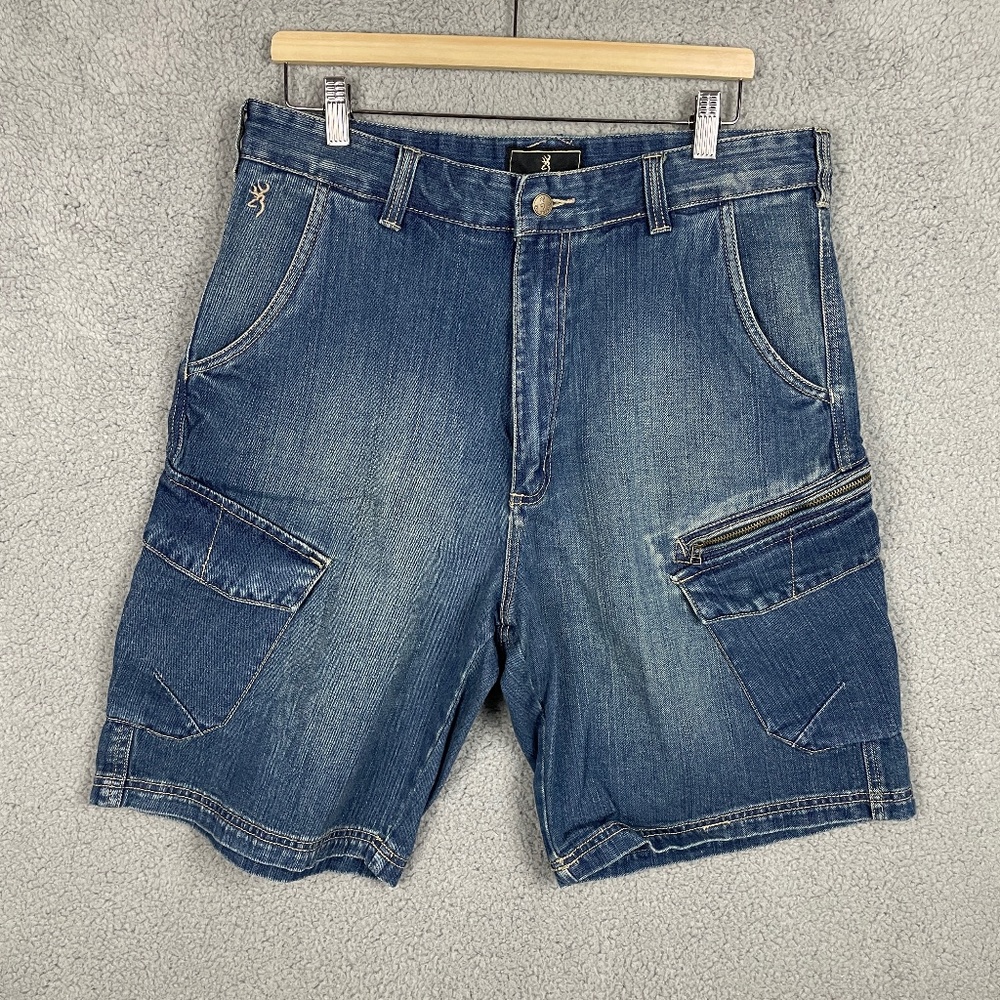 BROWNING Shorts Mens 36 Denim Jean Cargo Zipper Pocket Snap Outdoor (34x10)